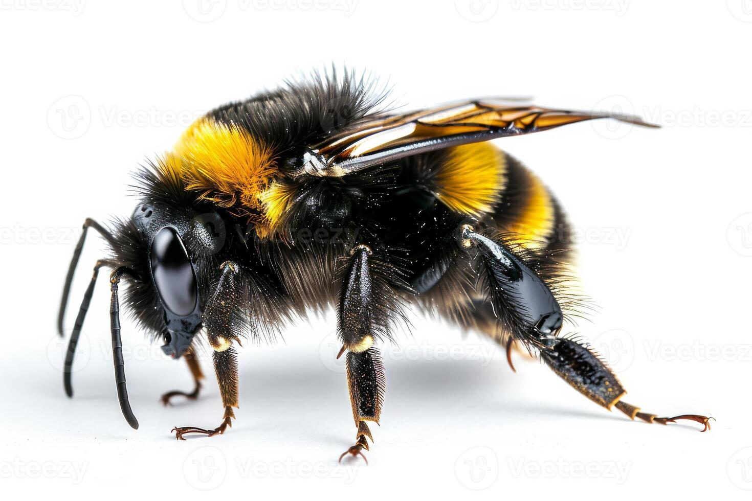 A bee with yellow and black stripes photo