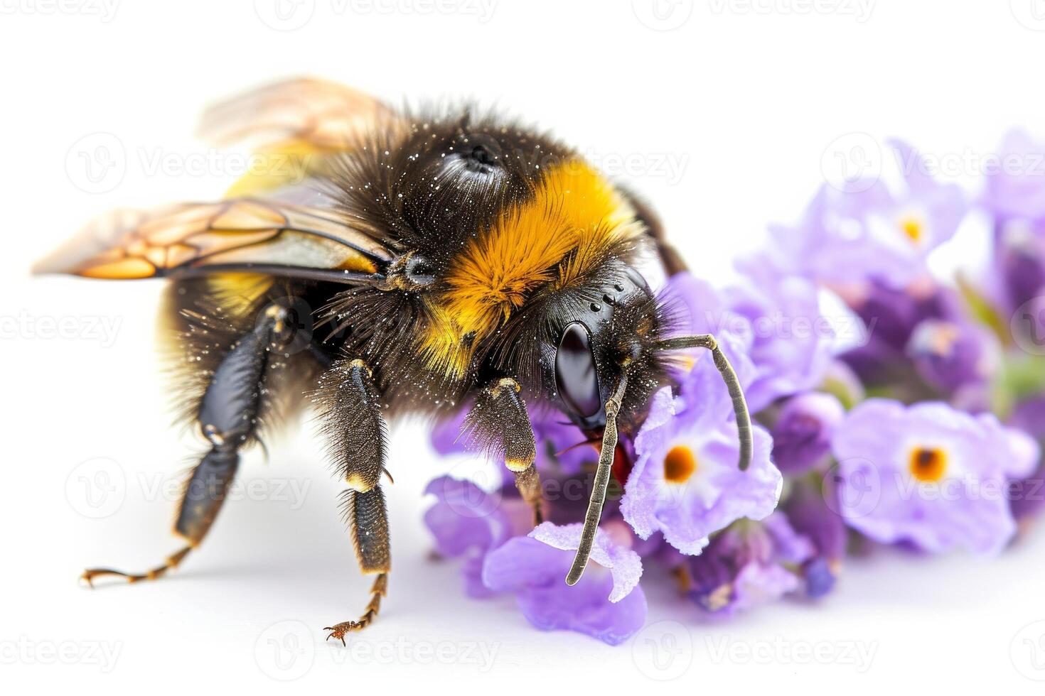 A bee is standing on a purple flower photo