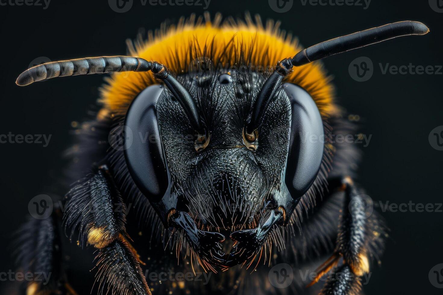 A close up of a bee's face photo