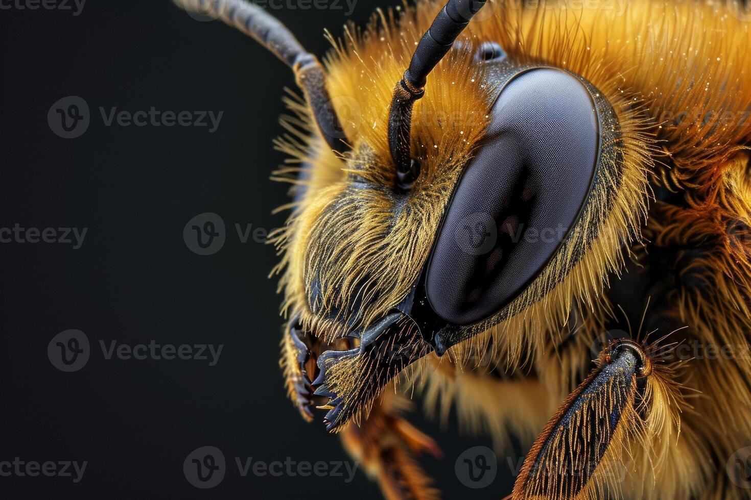 Close up of a bee's face with black background photo