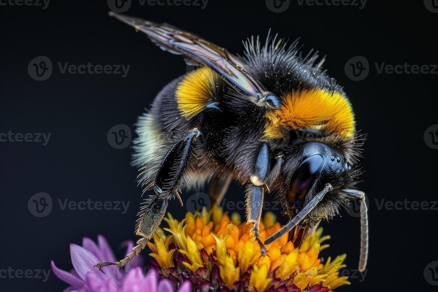 A bee with yellow and black stripes on it photo