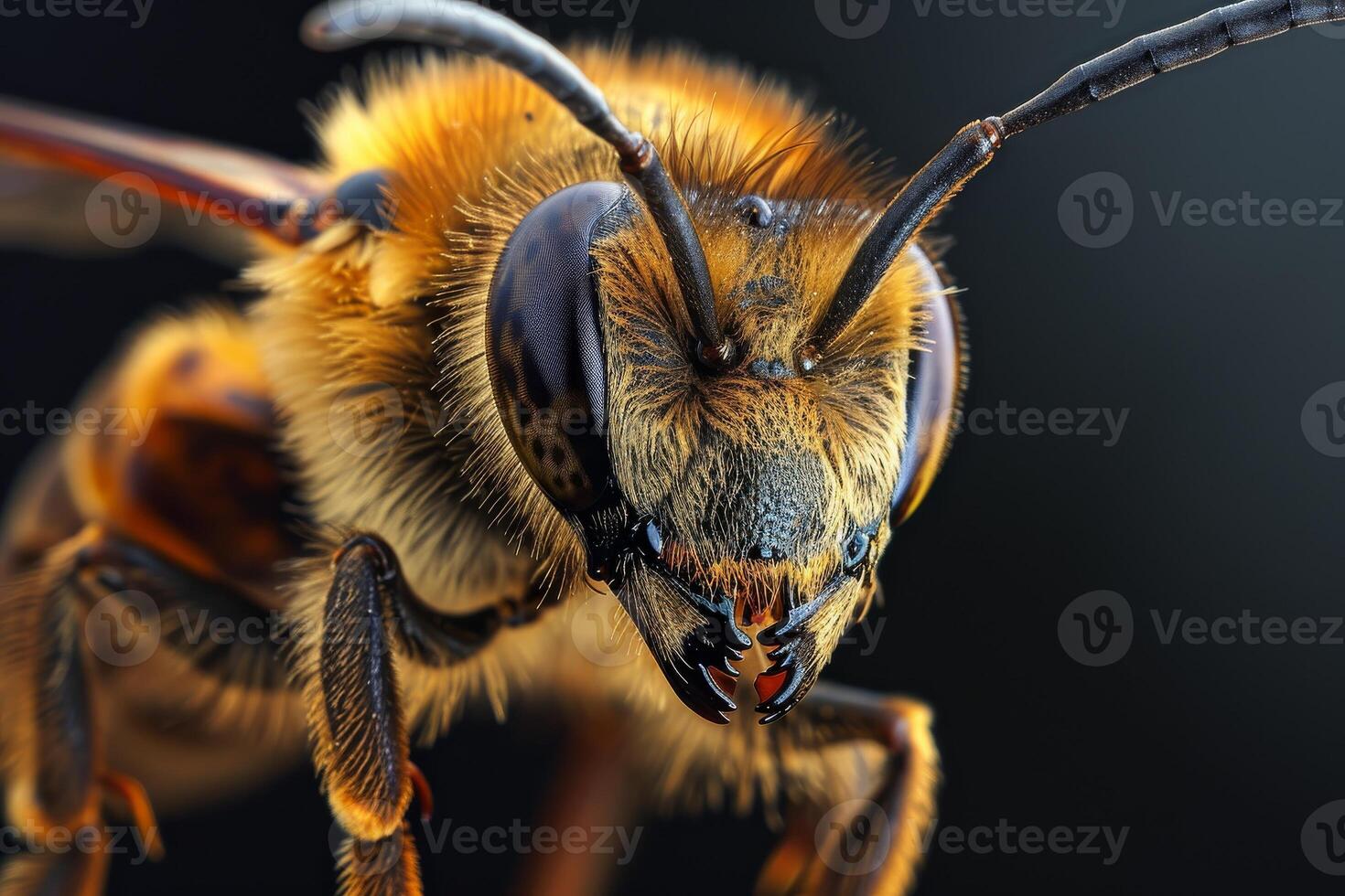 A close up of a bee with its mouth open photo