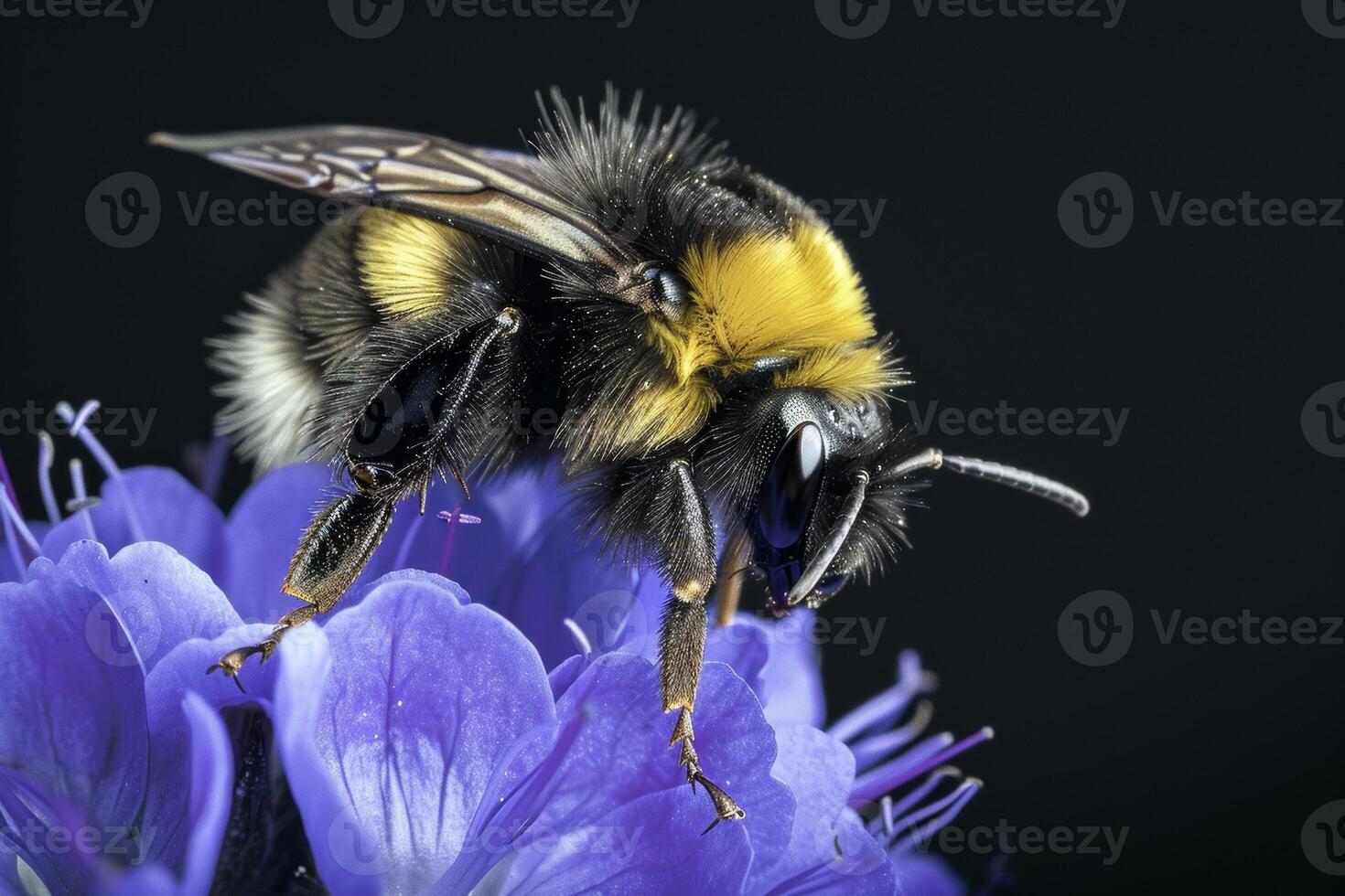 A bee is sitting on a purple flower photo