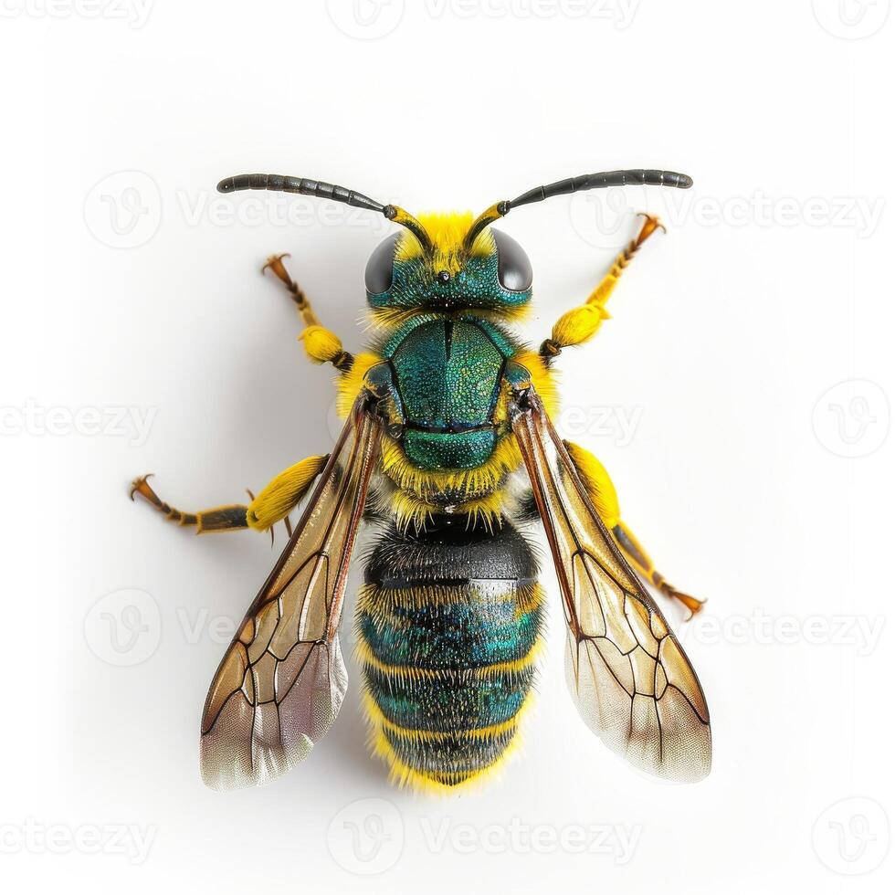 A close up of a yellow and green wasp photo