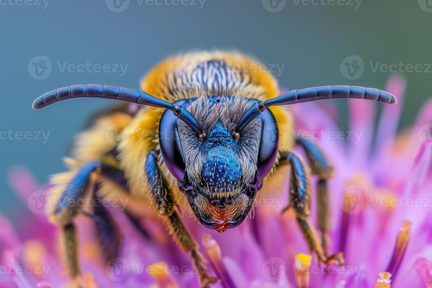 A bee with blue eyes and black and yellow stripes photo