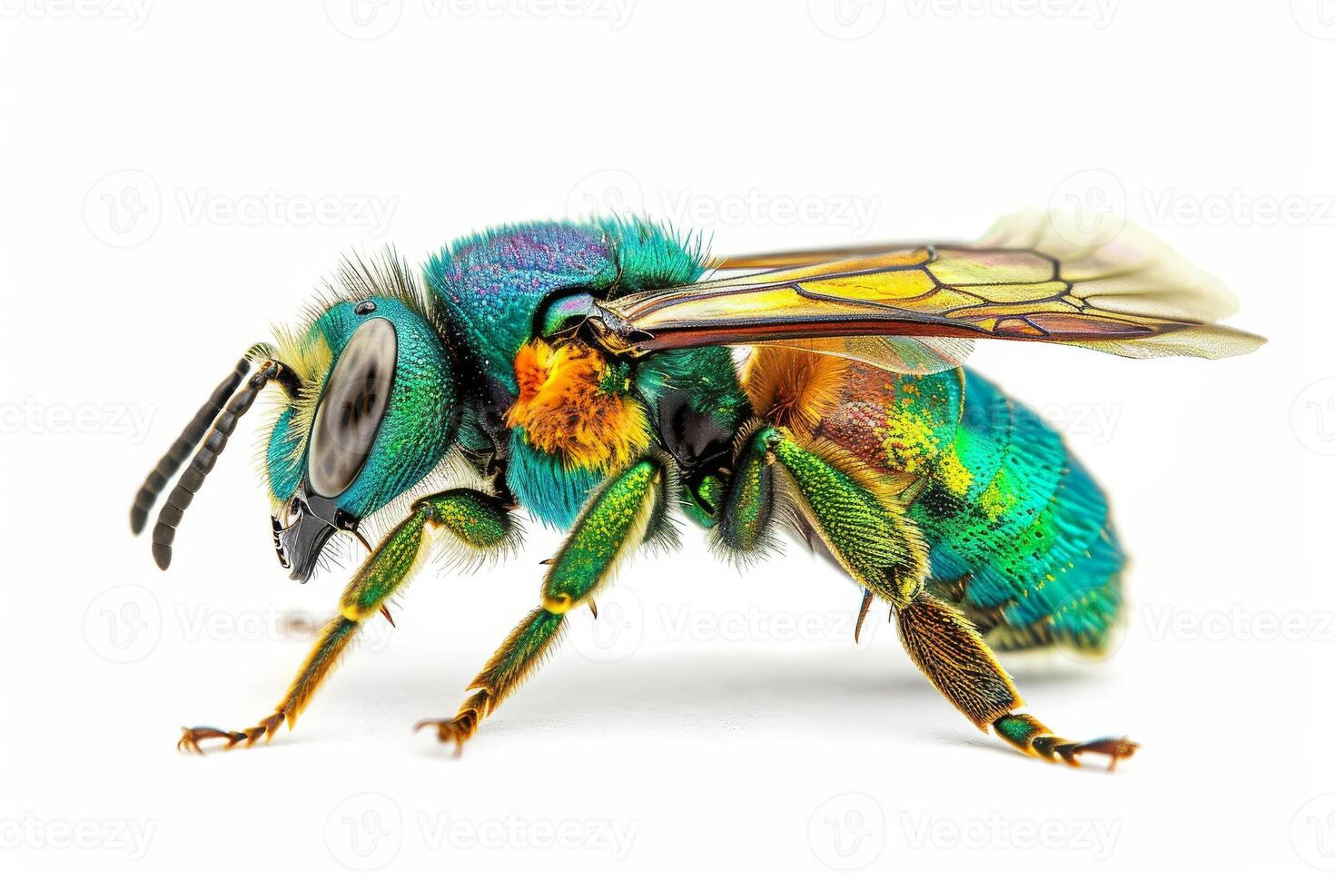 A bee with colorful wings and a green body photo