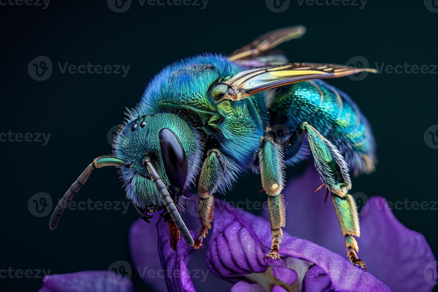 A blue bee on a purple flower photo