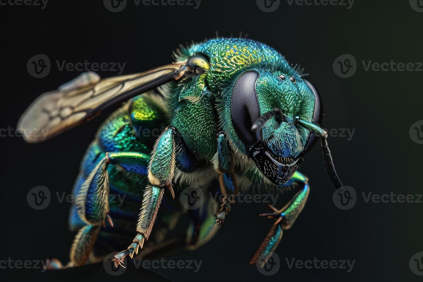 A close up of a green and blue bee photo
