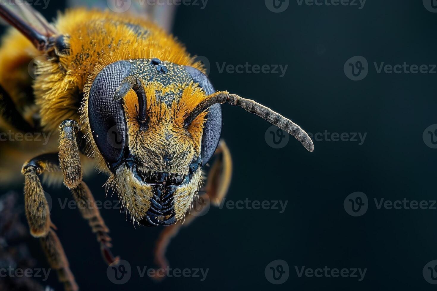 A close up of a bee with a black background photo