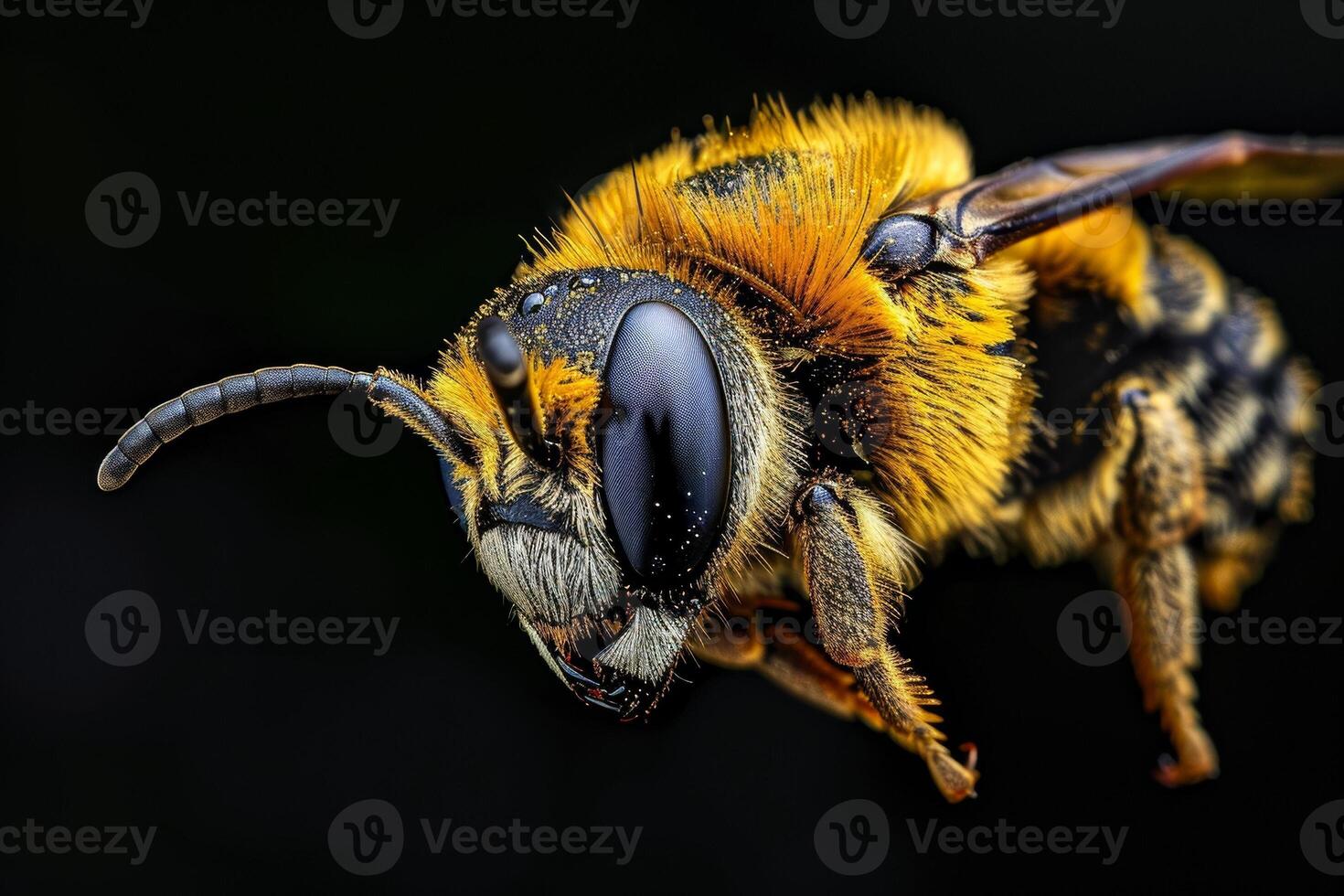 A close up of a bee with black eyes photo