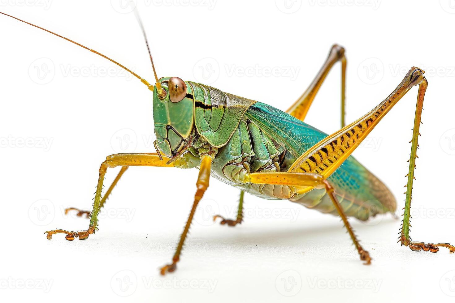 A grasshopper with long legs and green and blue stripes photo