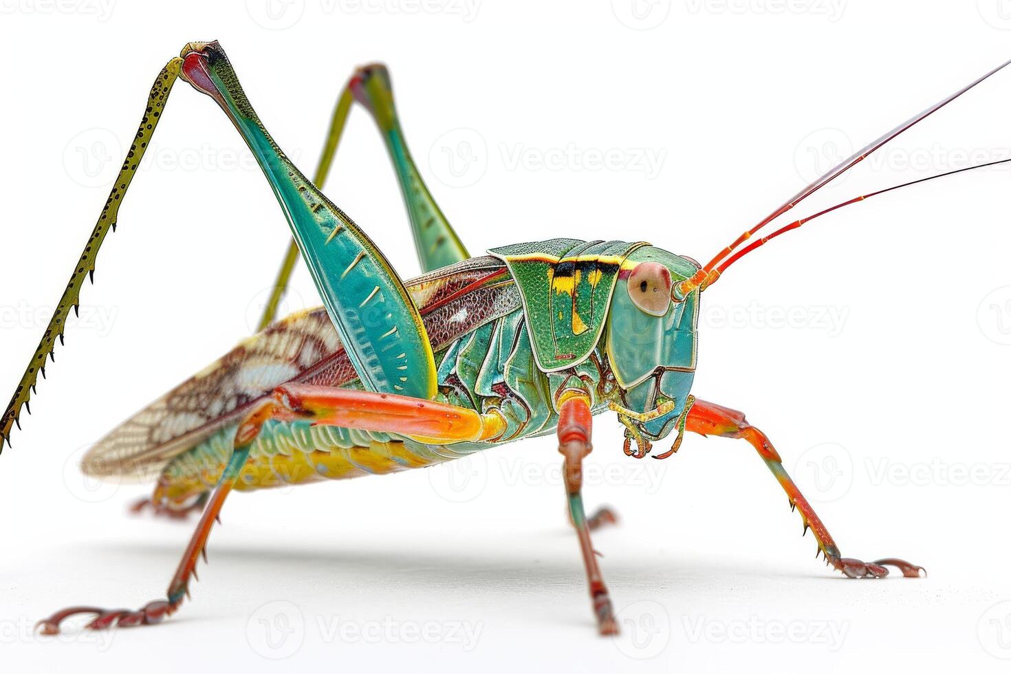 A grasshopper with colorful wings and long legs photo