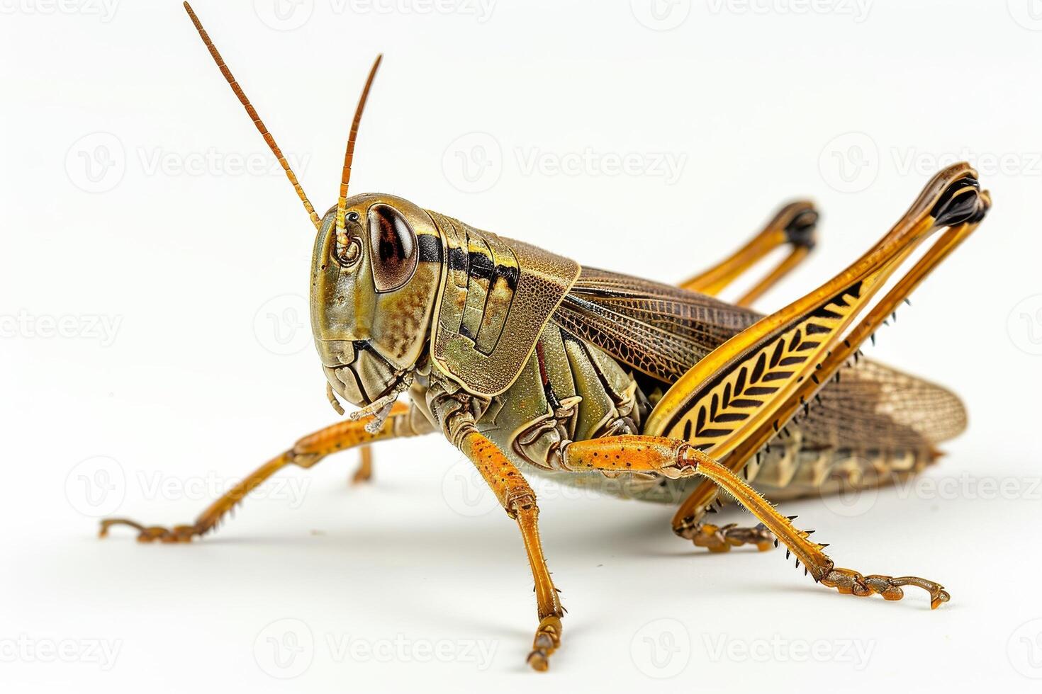 A grasshopper with a long tail on a white background photo