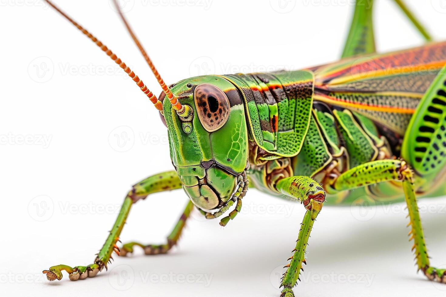 A grasshopper with a long tail and bright green color photo