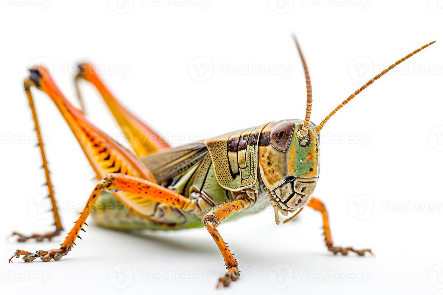 A grasshopper is standing on its hind legs photo