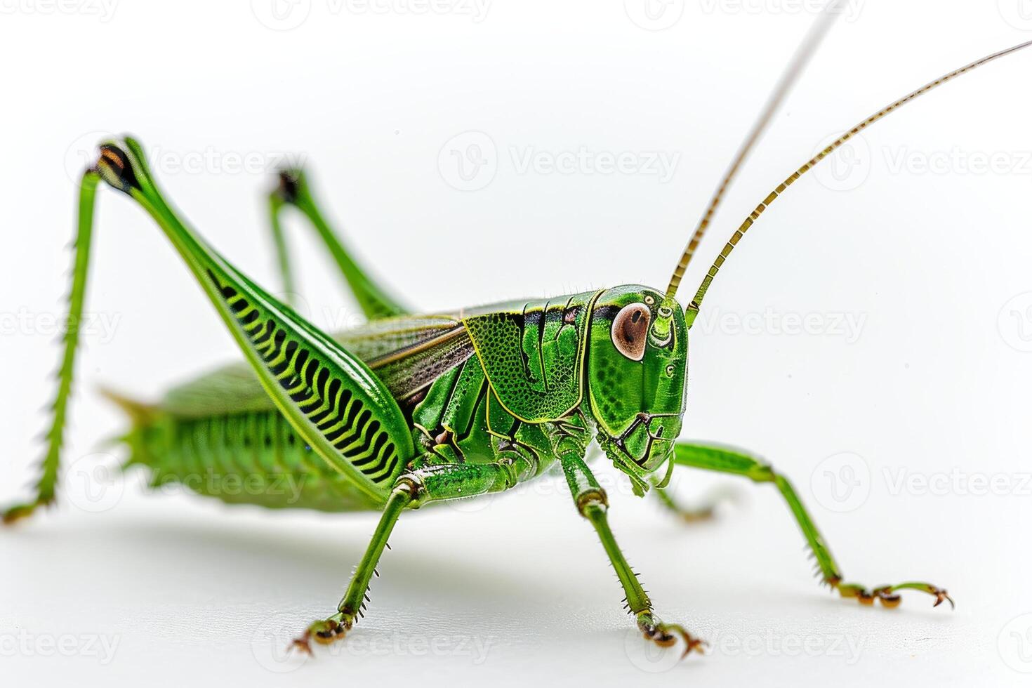 A green grasshopper on a white background photo