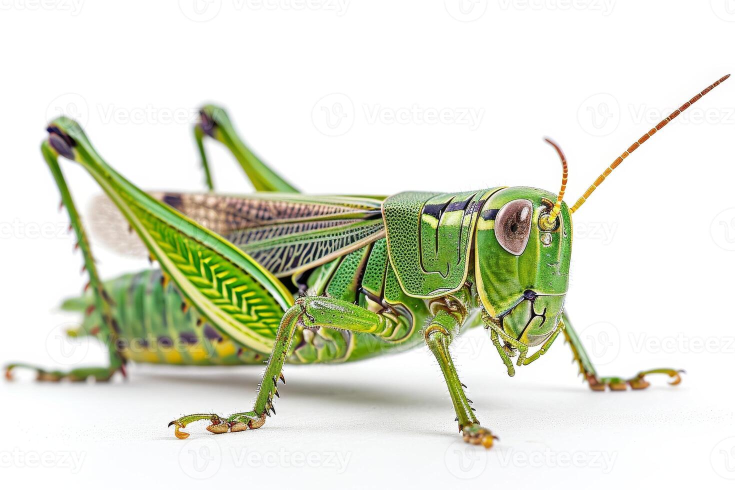 A grasshopper is standing on its hind legs photo