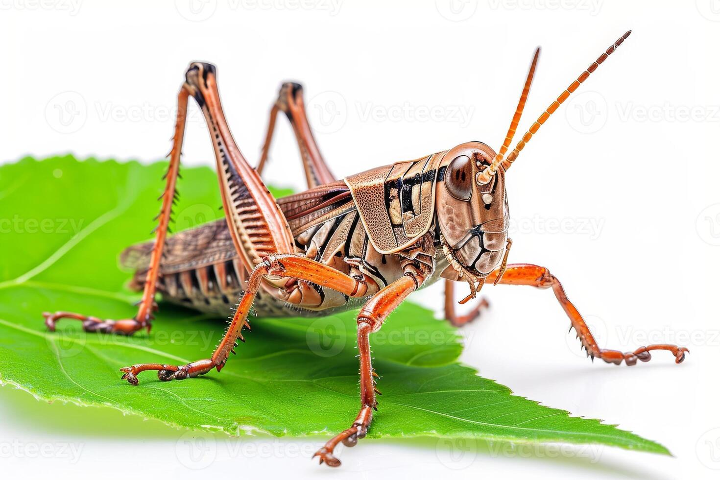 A grasshopper is sitting on a leaf photo