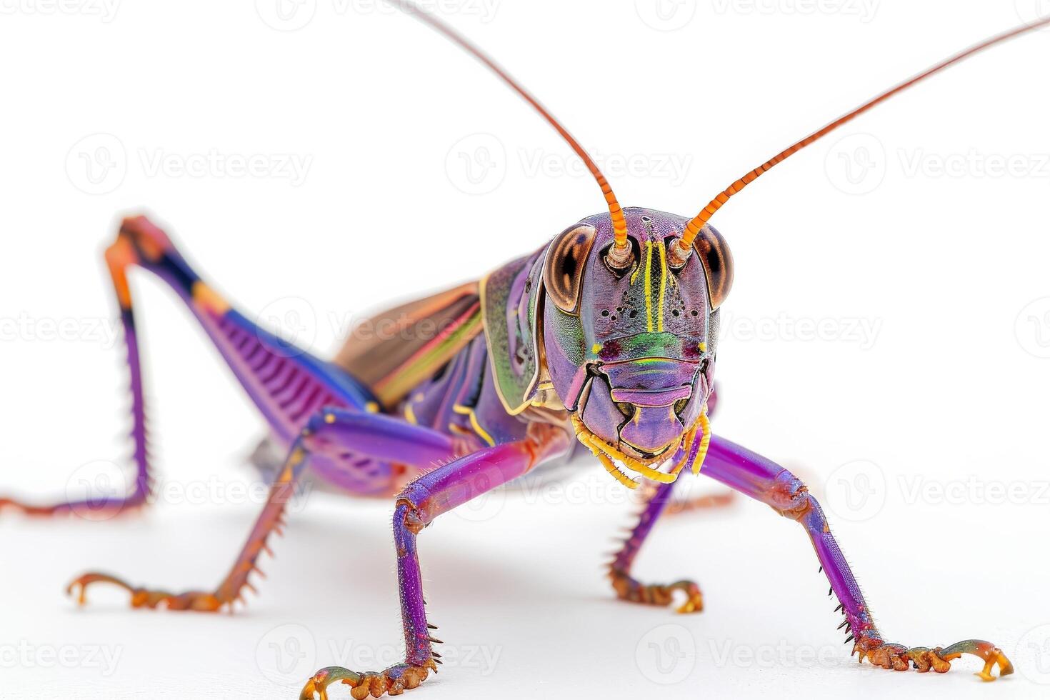 A colorful grasshopper with long legs and long antennae photo