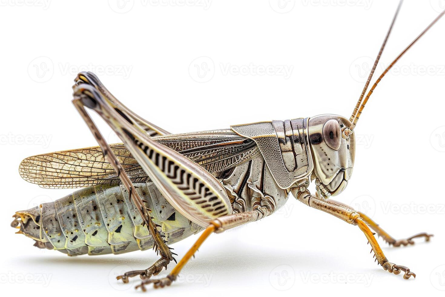 A grasshopper is standing on its hind legs photo