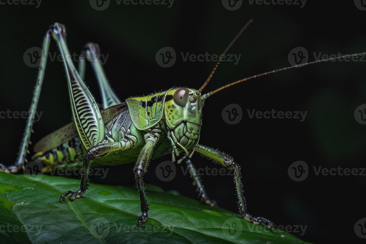 A grasshopper is standing on a leaf photo