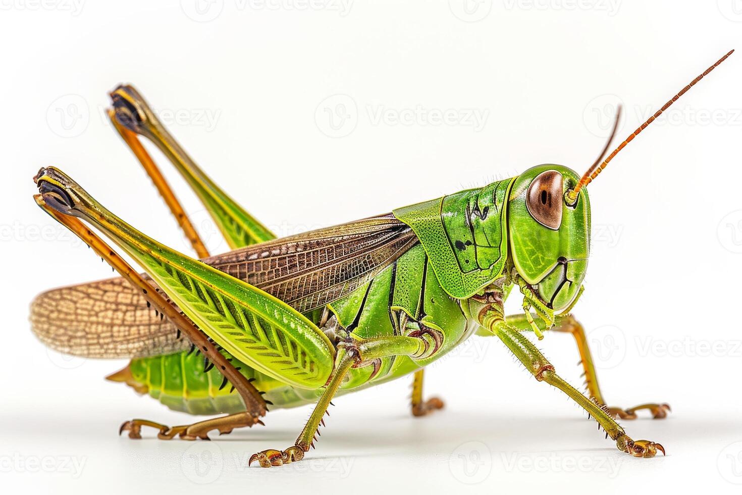 A grasshopper is standing on its hind legs photo