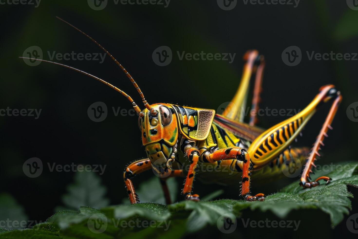 A grasshopper with bright yellow and orange markings photo