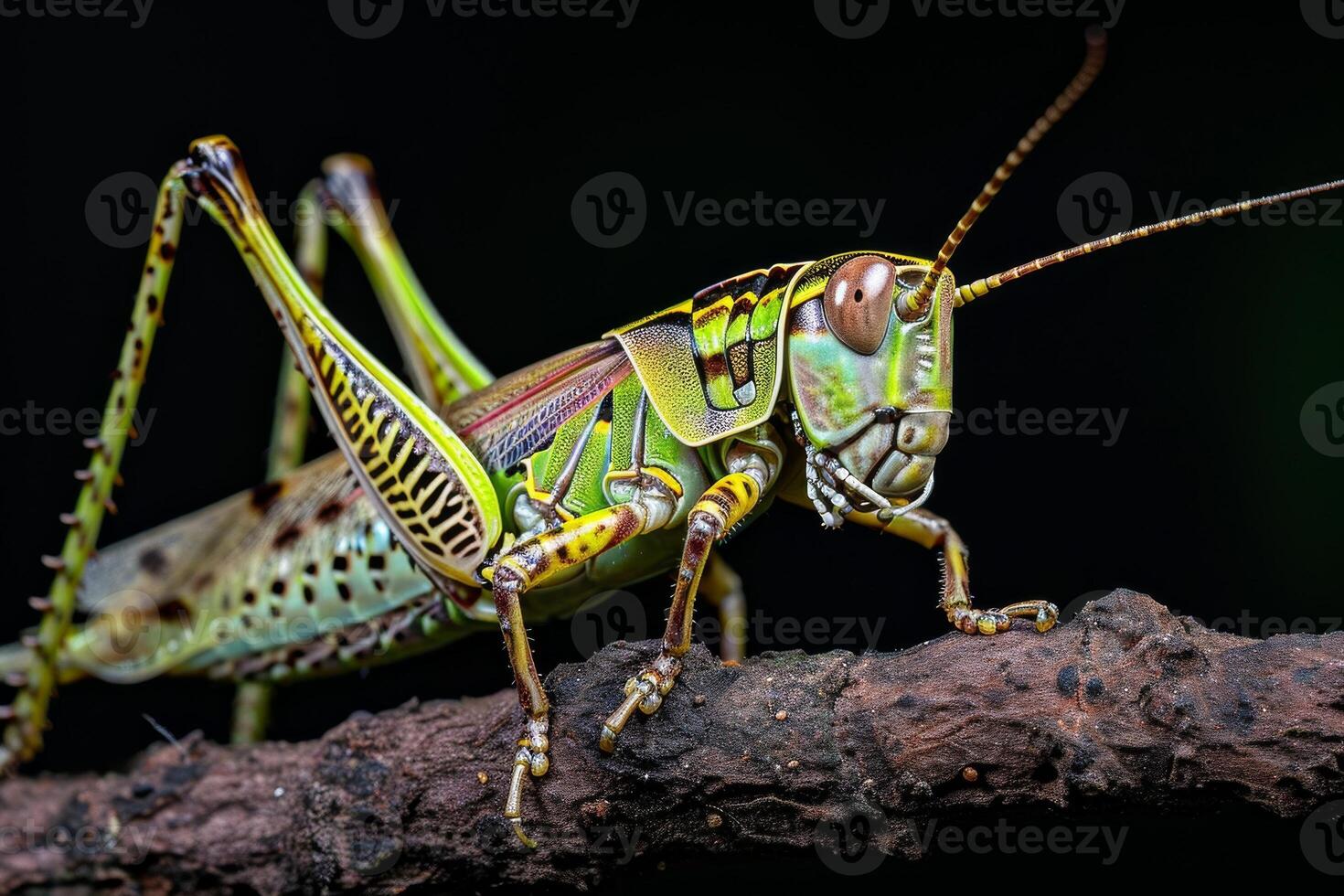 A grasshopper is sitting on a branch photo