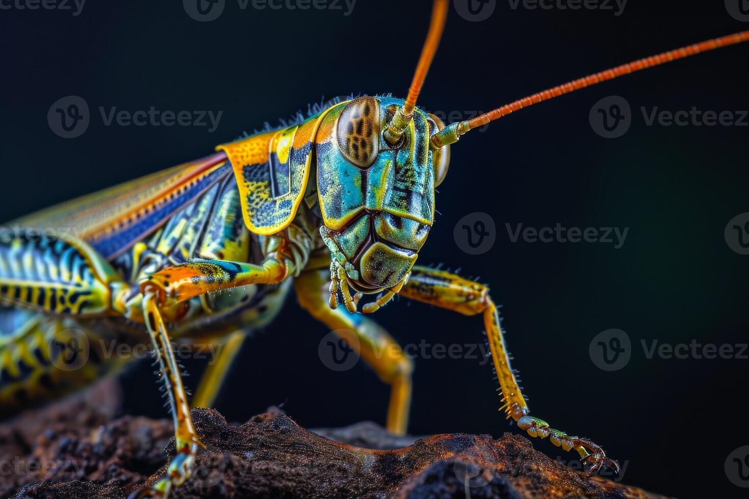 A close up of a grasshopper with bright green and yellow colors photo