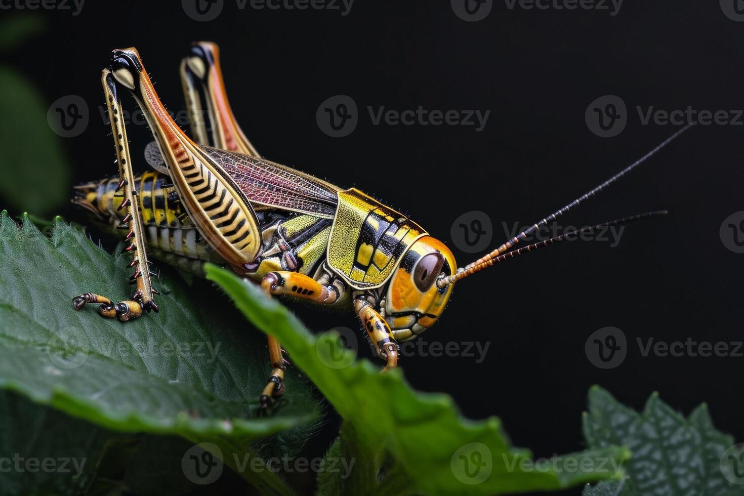 A grasshopper with a black background photo
