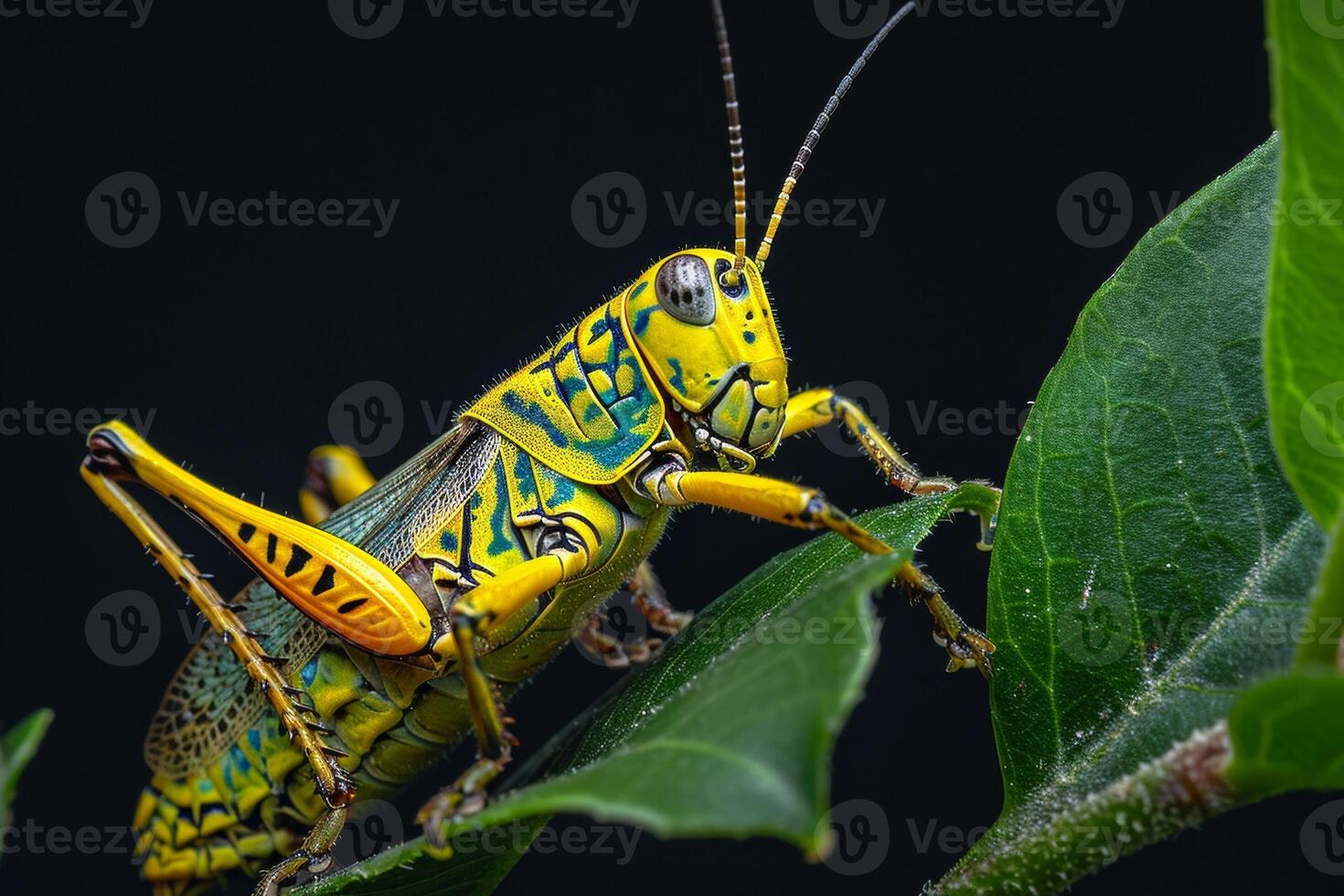 A grasshopper with bright yellow and blue markings photo