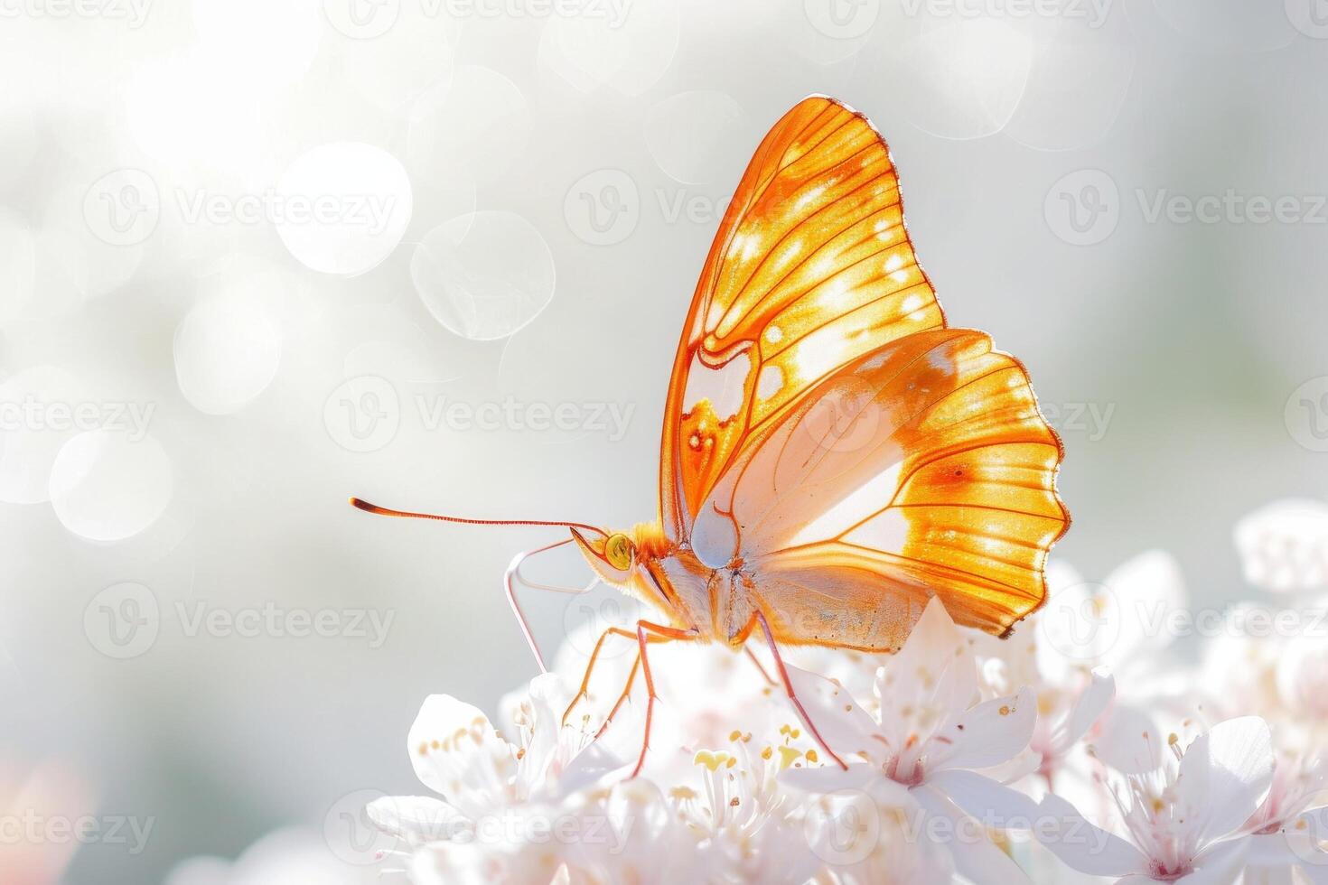 An orange butterfly is sitting on top of white flowers photo