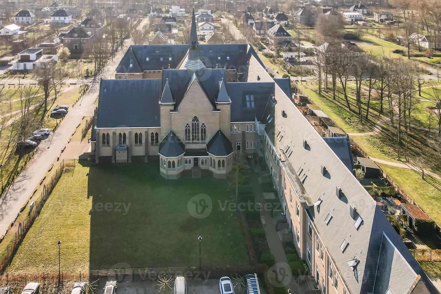 Aerial view of a church in the countryside photo