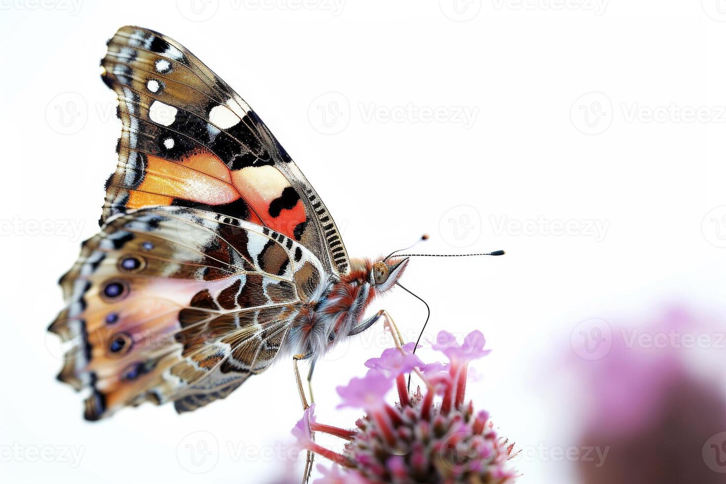 A butterfly with a red, white and black pattern on it photo