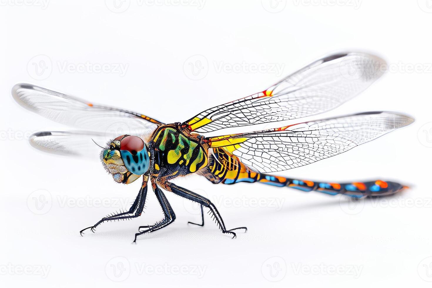 A dragonfly with colorful wings on a white background photo
