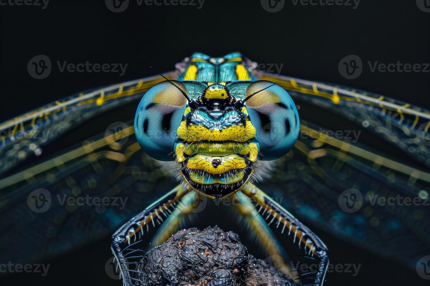 A close up of a dragonfly with blue and yellow eyes photo