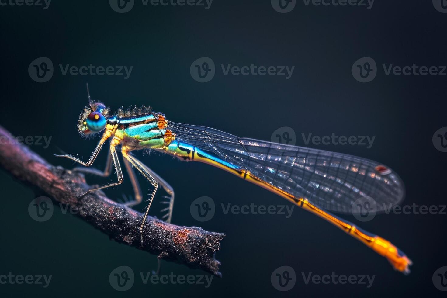 A dragonfly with blue wings and yellow eyes photo