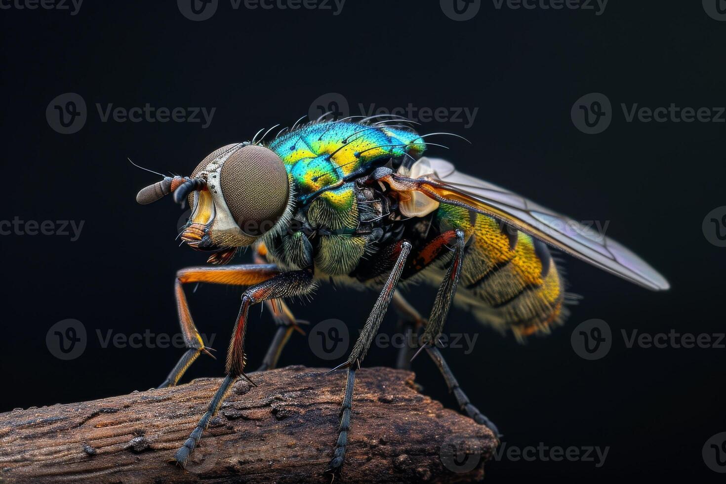 A fly with green and blue wings sitting on a piece of wood photo