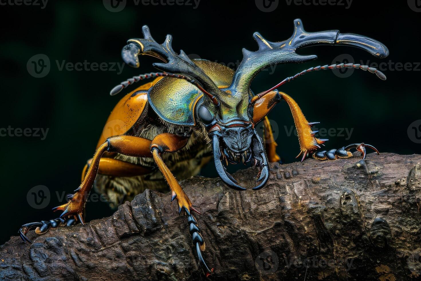 A large beetle with large horns on its head photo