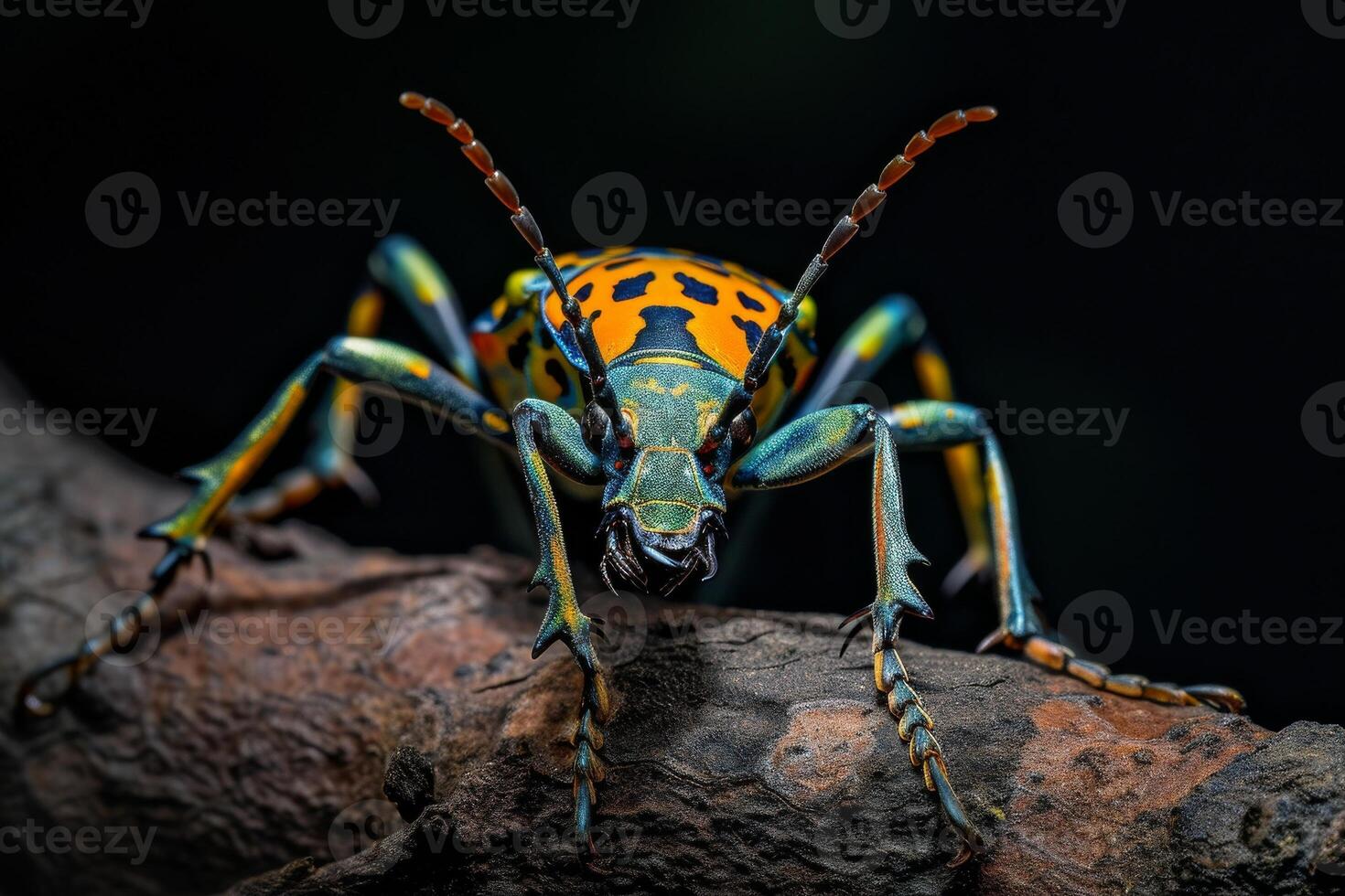 A bug with a colorful body and a black background photo