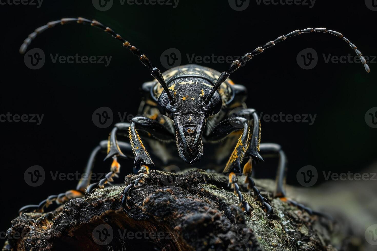 A close up of a beetle with black and yellow markings photo