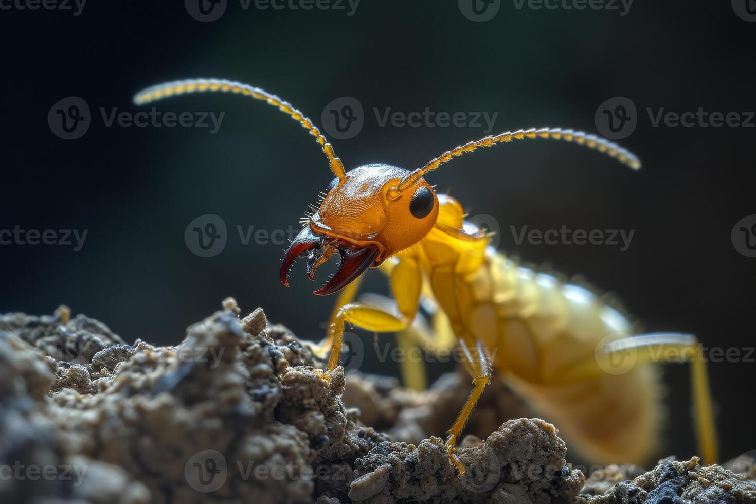 A close up of a yellow insect with its mouth open photo