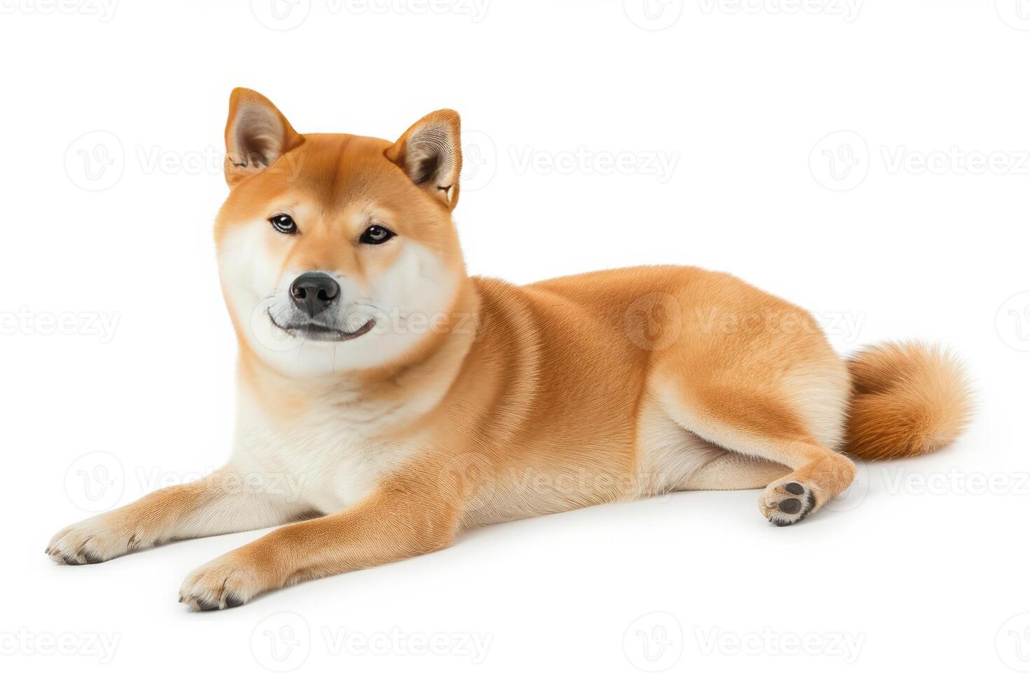 A shiba inu dog is laying down on a white background photo