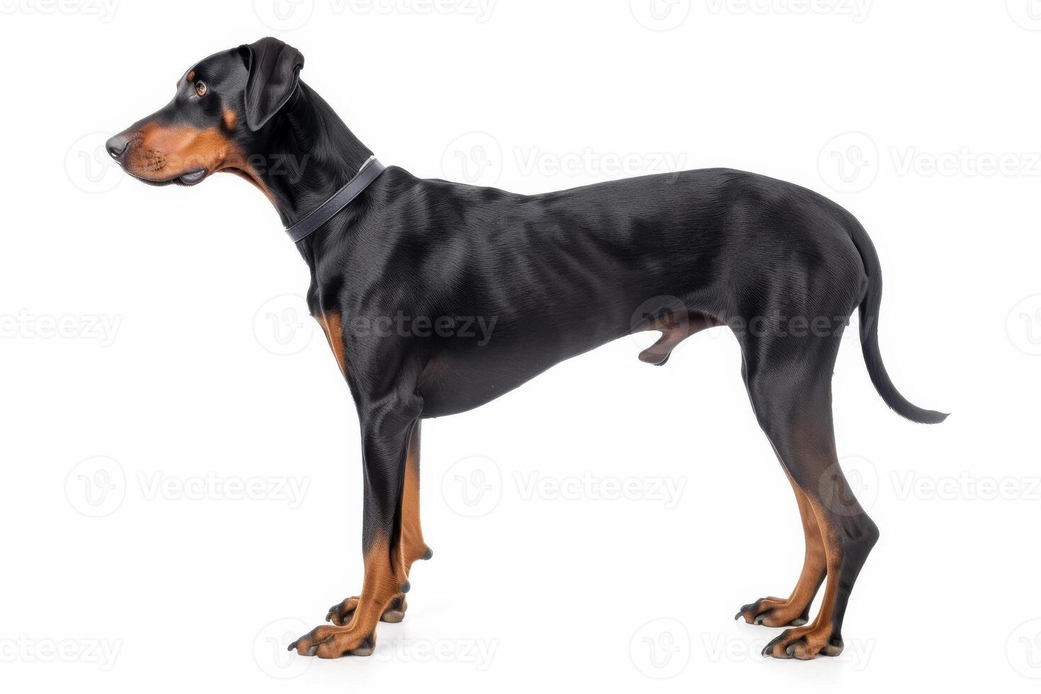 A doberman dog standing in front of a white background photo