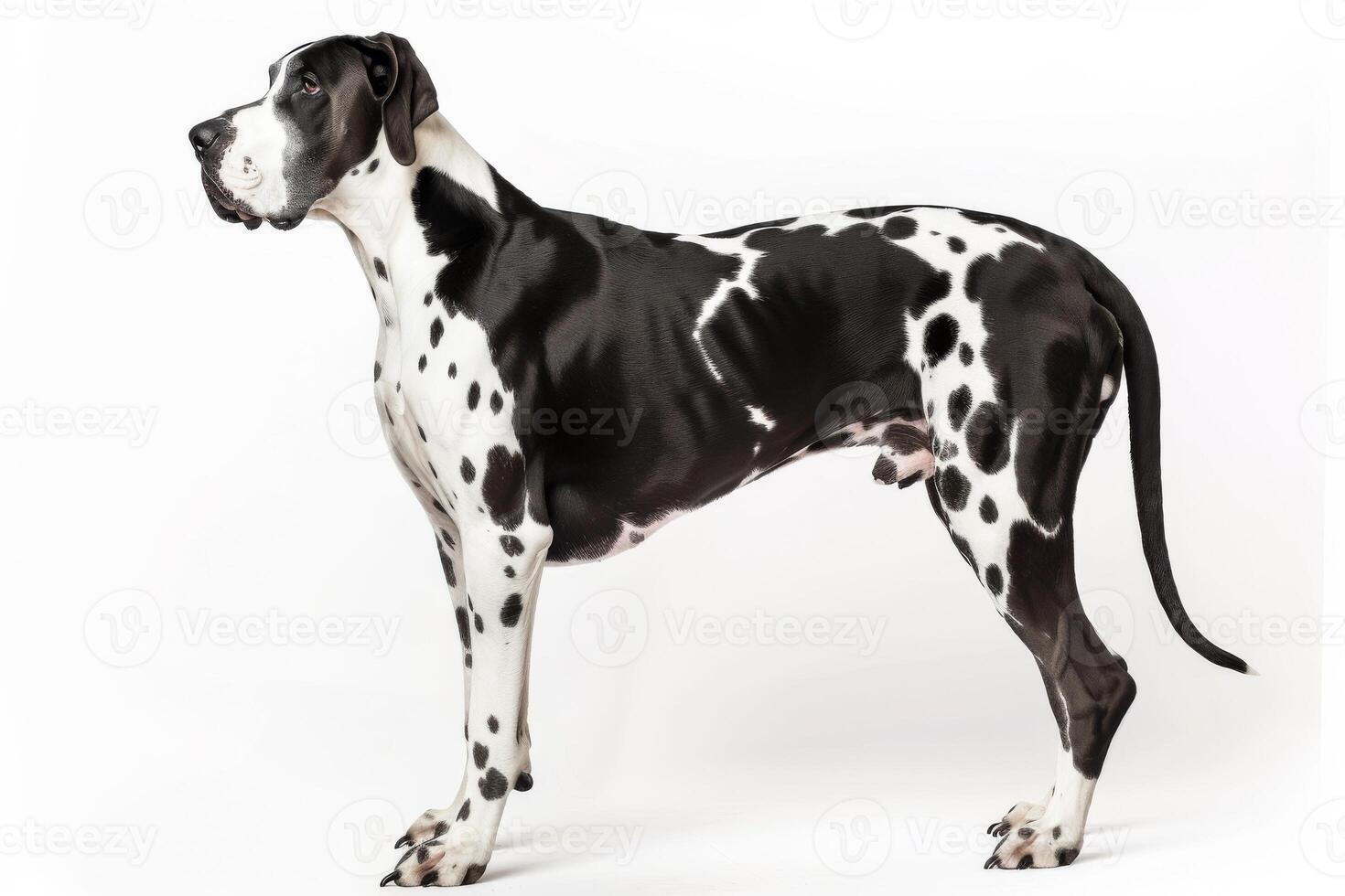 A great dane dog standing in front of a white background photo