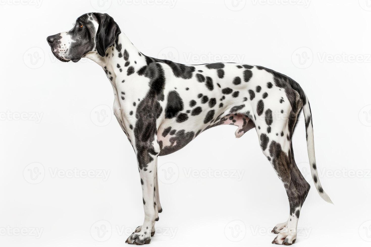 A great dane dog standing in front of a white background photo