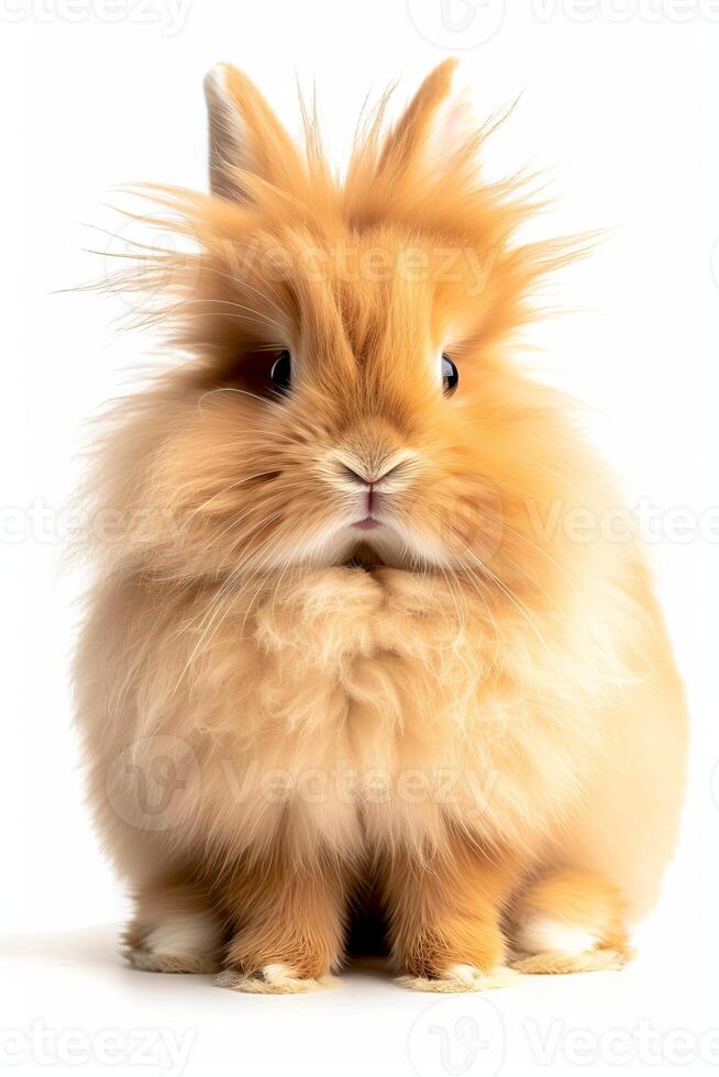 A fluffy orange rabbit sitting on a white background photo