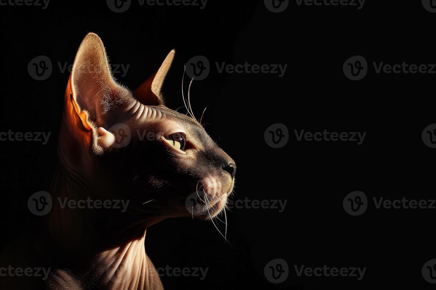 A sphytte cat is shown in the dark photo