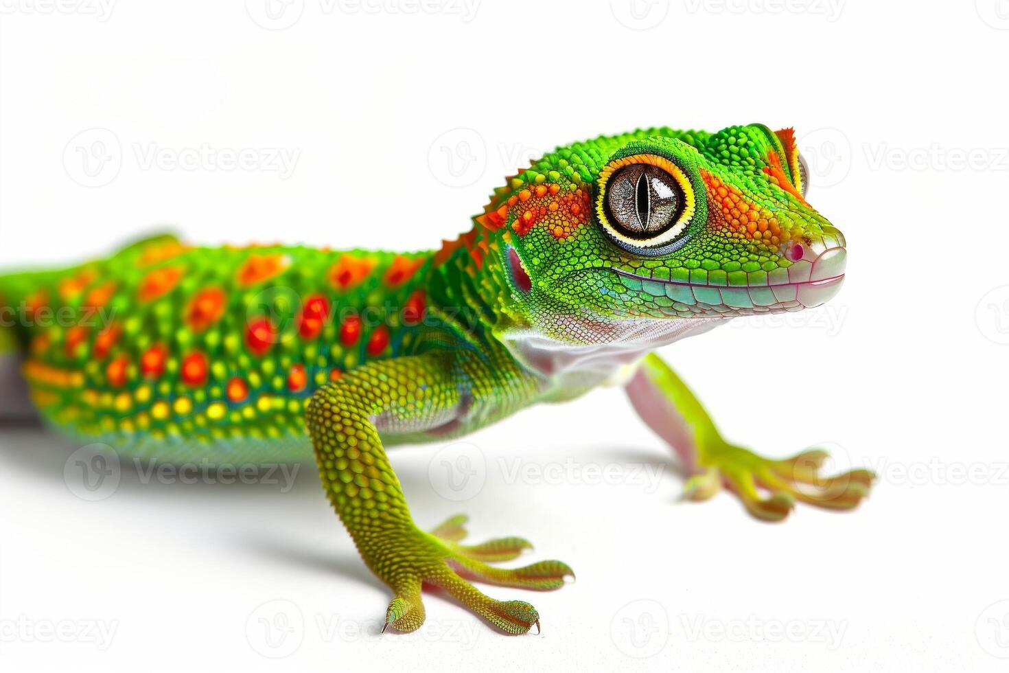 A green and red gecko with a white background photo