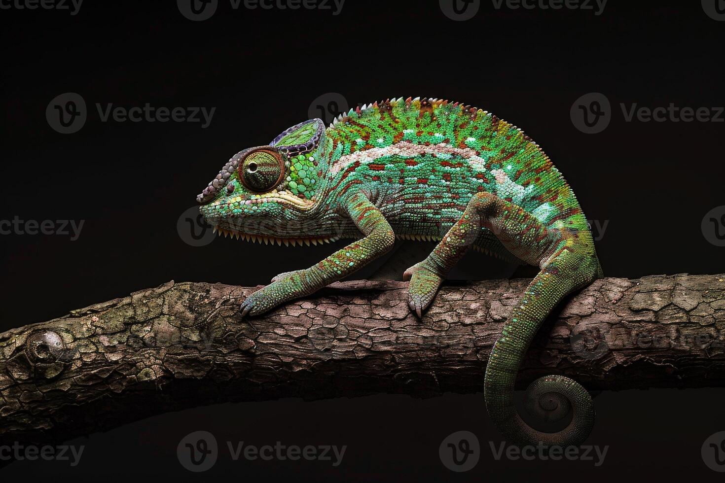 A chameleon is sitting on a branch photo